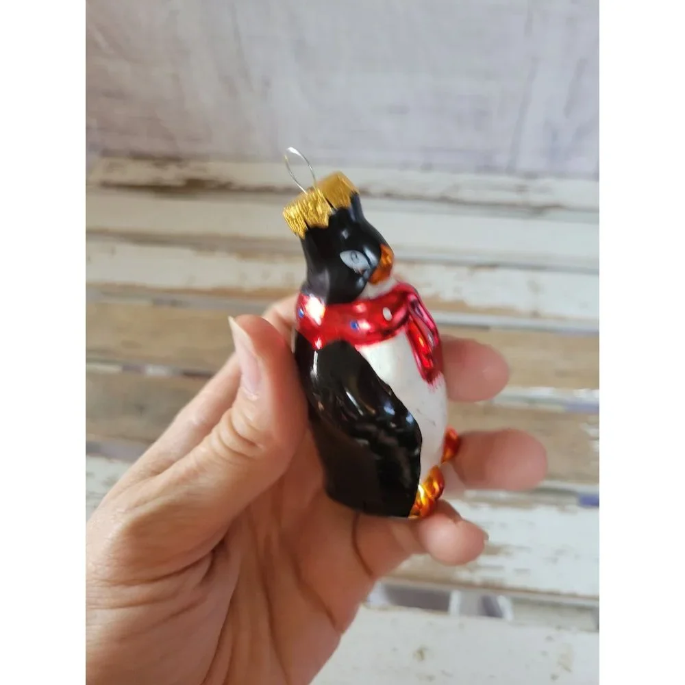 Glass penguin scarf ornament vintage Xmas tree holiday‎ home decor